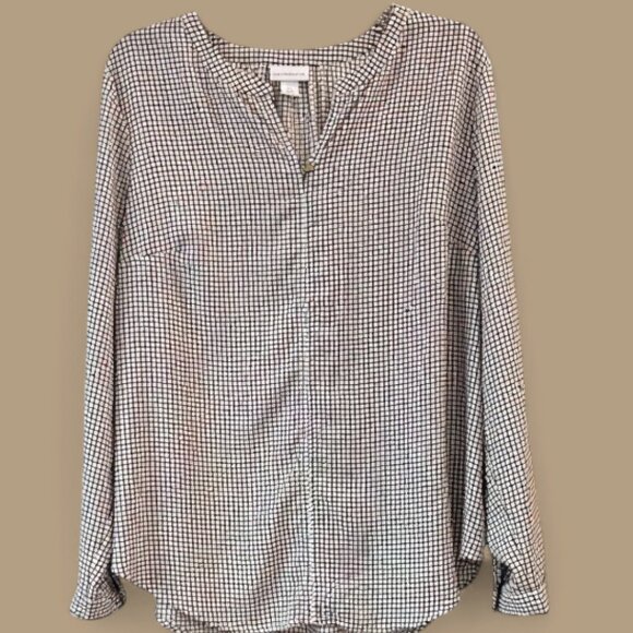 Liz Claiborne Brown Black Ivory Grid Check Long Sleeve Blouse Size XL - Picture 2 of 10